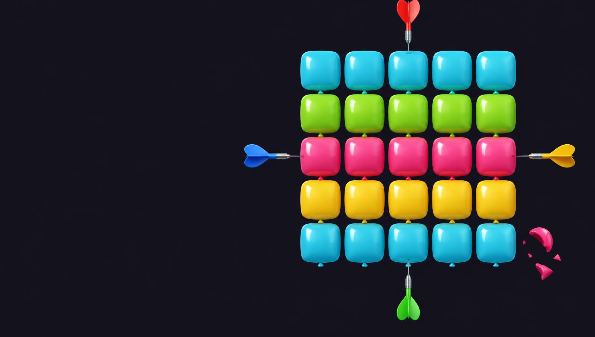 Colorful square balloons arranged in a grid with darts on four sides